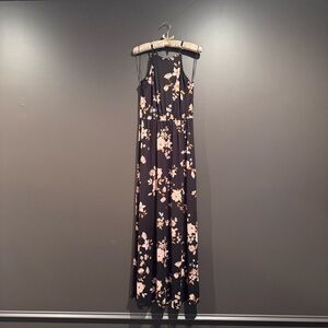 French Grey Black Maxi Dress with Pink Floral Design